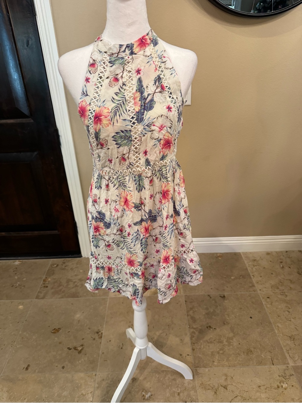 Floral Halter Mini Dress in Cream with Pink & Green Accents